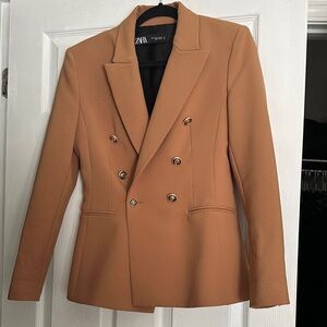 Zara Double-Breasted Tan Blazer with Gold Buttons